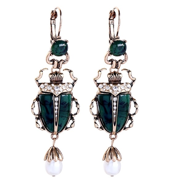 Green Goldtone Beetle Drop Earrings with Freshwater Pearls - Picture 1 of 1